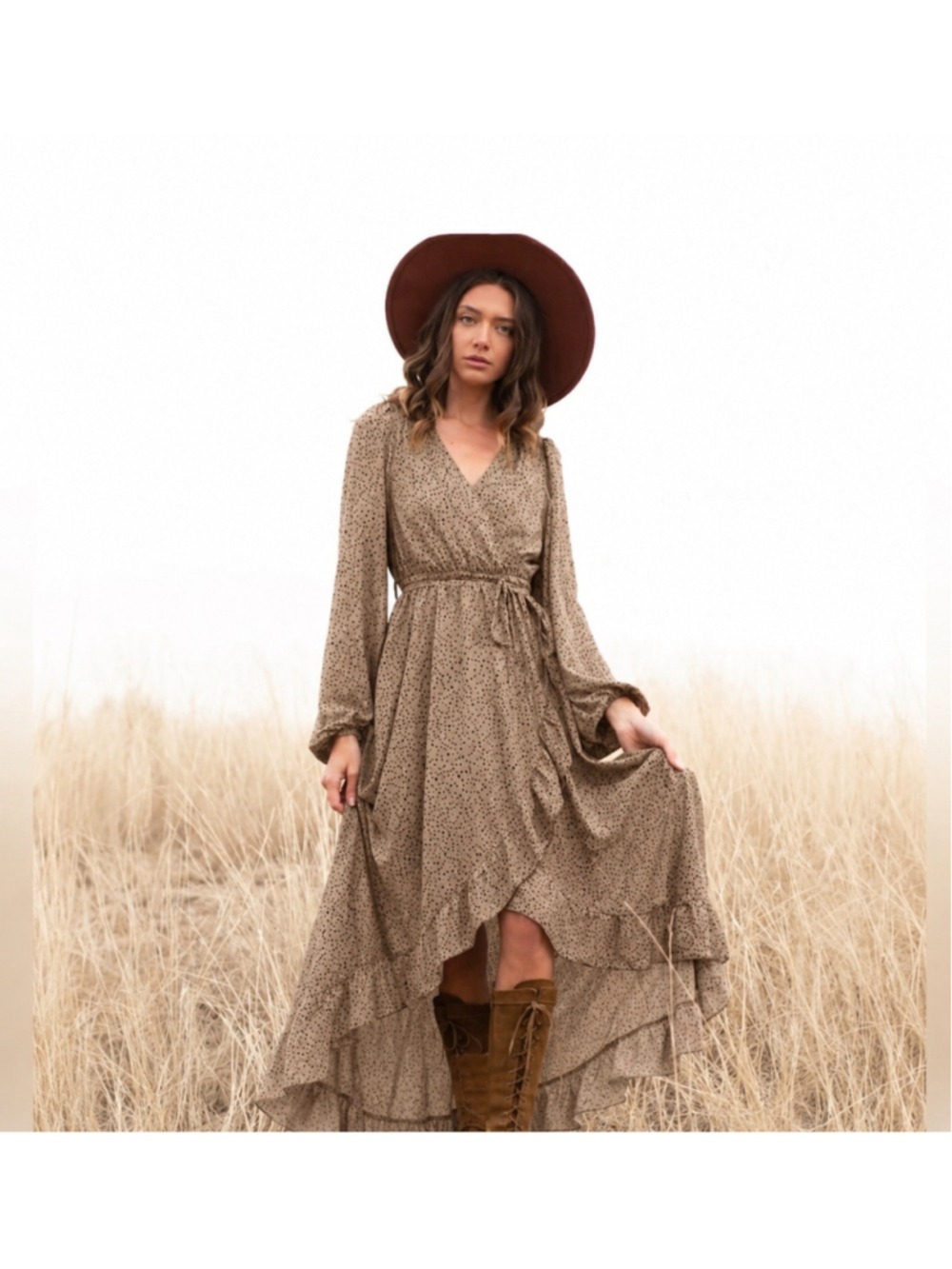 Joyfolie Ella Tan Polka Dot Long Sleeve Sundress